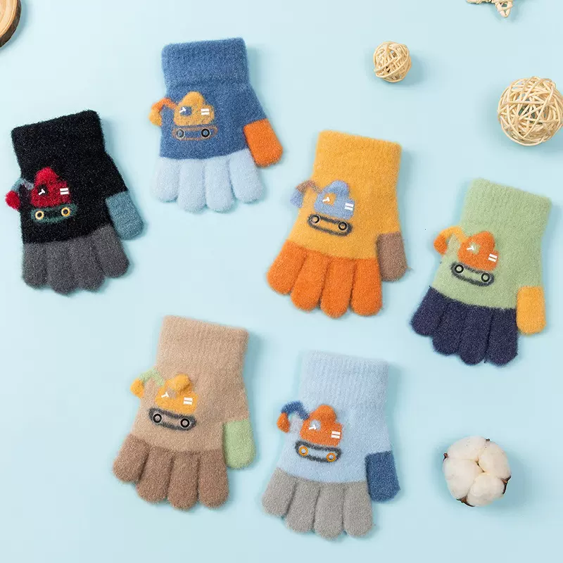 2024雪花秀手套新款儿童冬季保暖卡通挖掘机毛线针织五指分指手套