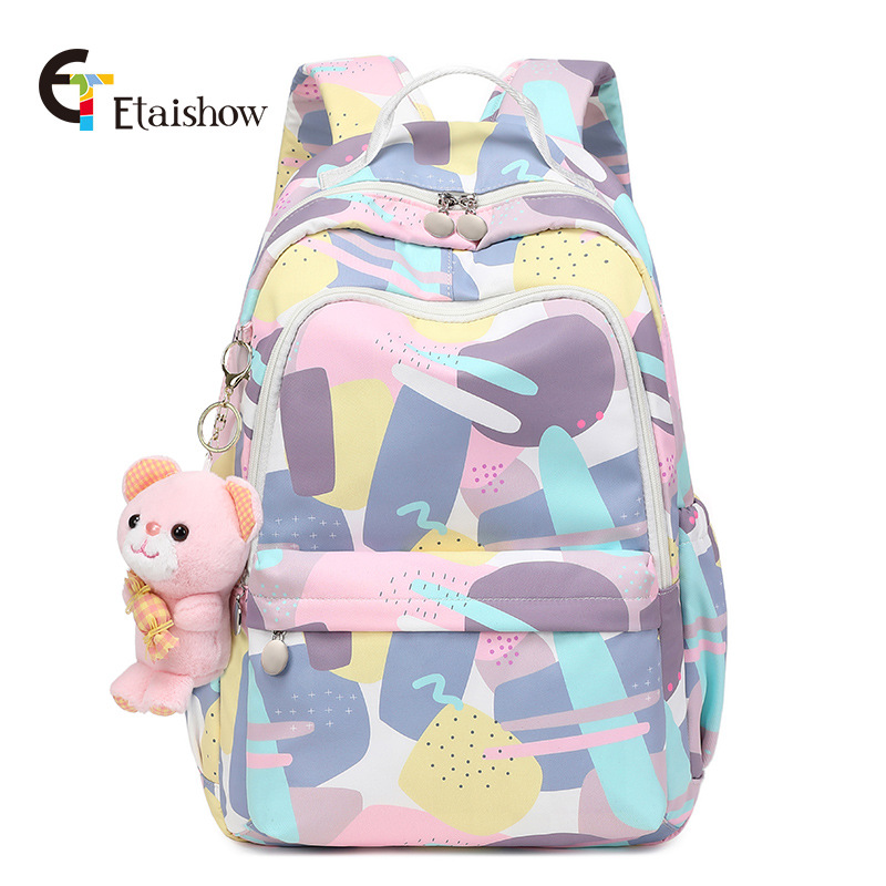 Fábrica al por mayor mochila femenina estudiante de secundaria lindo gato impresión gran capacidad impermeable chica