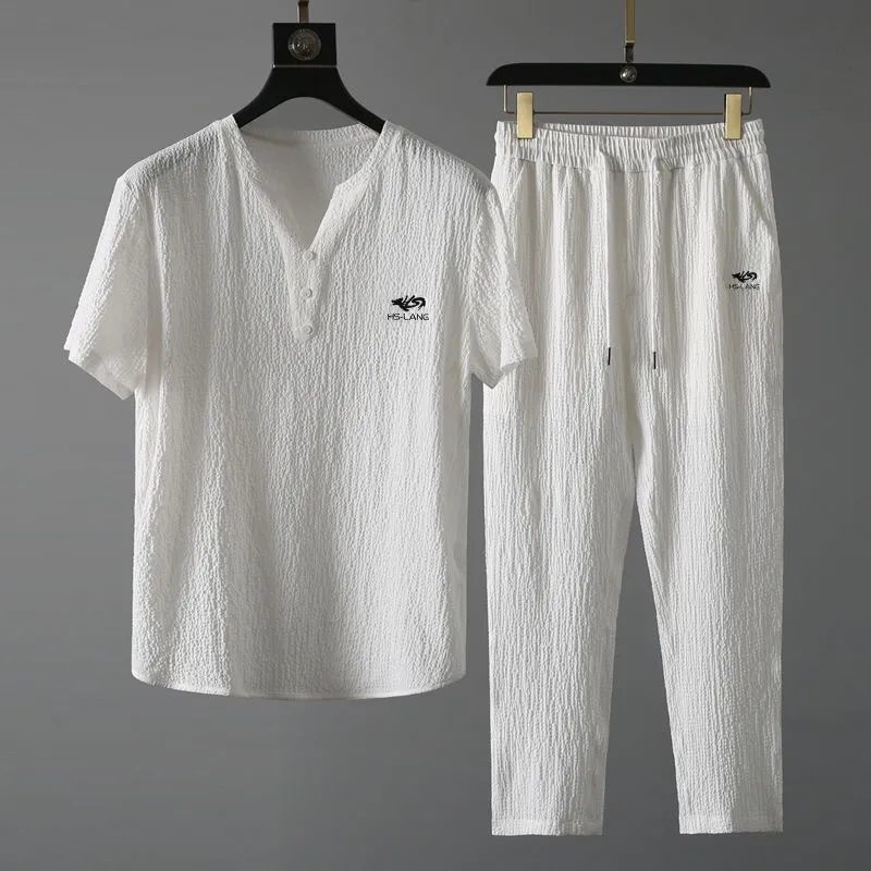 2024薄休闲运动套装男夏季 中国风高端V领刺绣修身短袖两件套