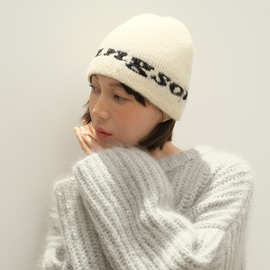 自制岛精工艺30%羊毛字母提花无缝毛线帽女秋冬季韩系针织冷帽ins