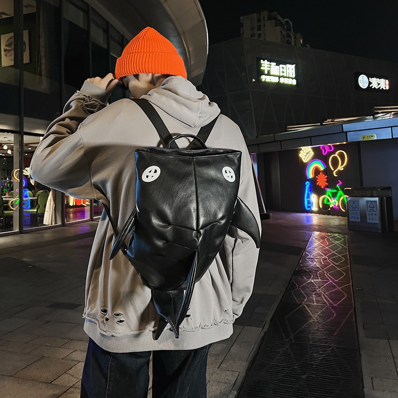 Cartoon animal PU ins style small shark middle high school students, solid color fun backpack for men and women_voghion.com