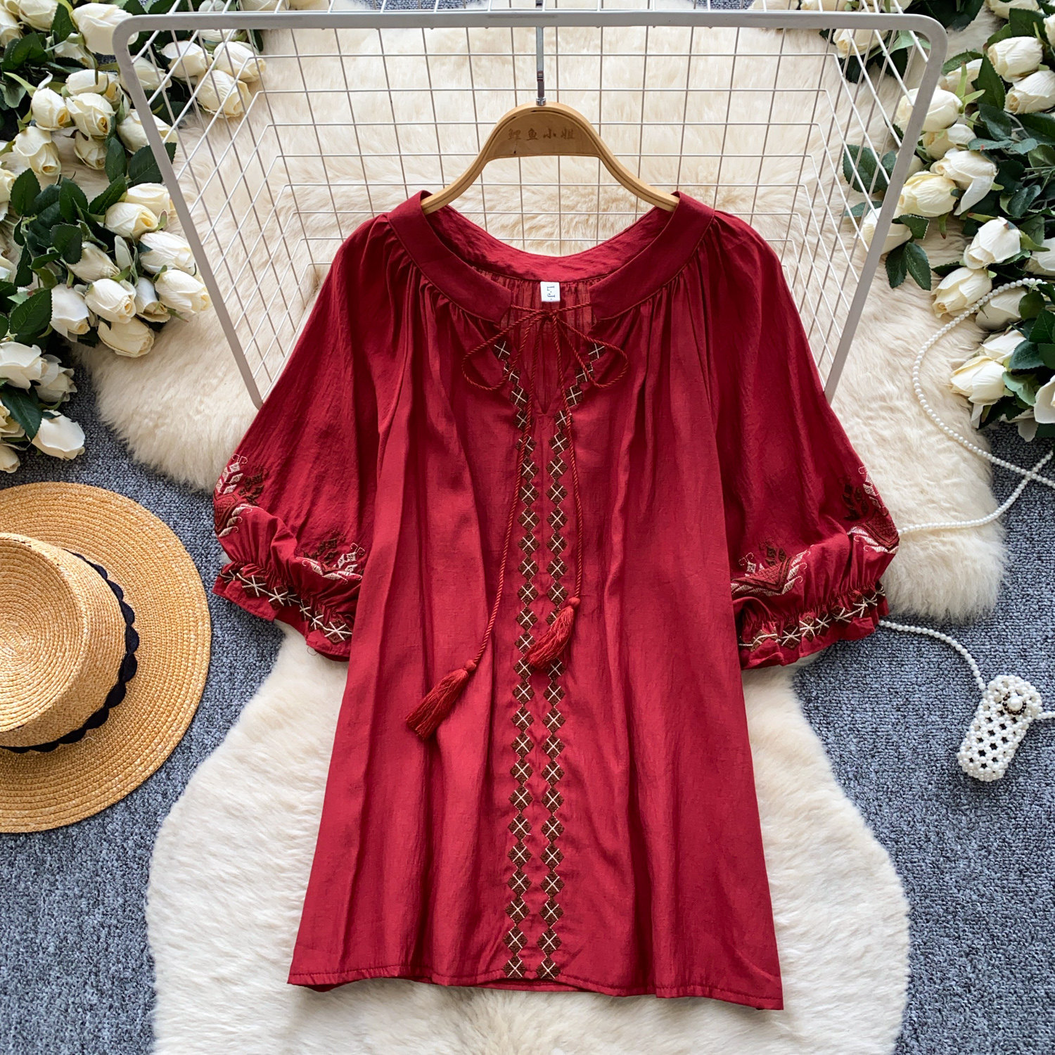 Elegant French Style Blouse for Women Red Embroidered Puff Sleeve Loose Fit Tie Waist Babydoll Top Spring Fashion_ecoleips.com