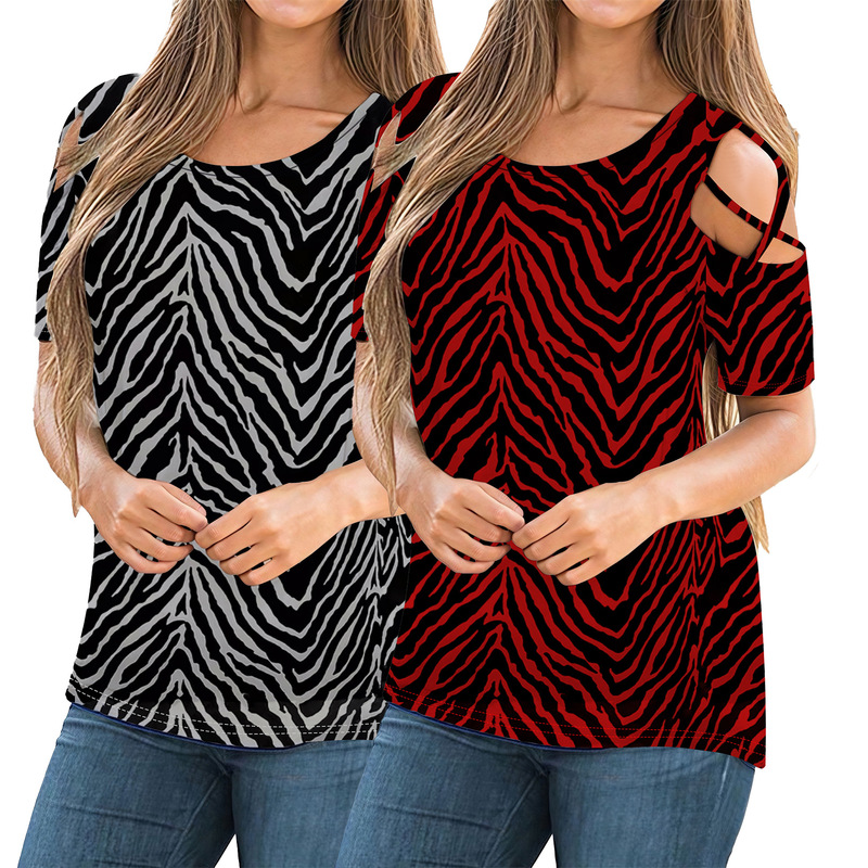 2026 Spring and Summer European and American Export Fashion Elegant Cold Shoulder Cross Strap Women's Zebra Print Short-Sleeved T-Shirt Top