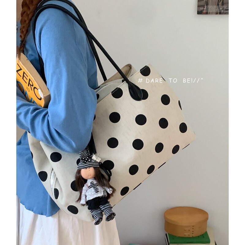 Korean-Style Polka Dot Tote Bag for Women, Large Capacity Commuter Bag, Simple and Versatile Handbag, Shoulder Bag, Large Bag for Students Attending Class Korean-Style Polka Dot Tote Bag for Women, Large Capacity Commuter Bag, Simple and Versatile Handbag, Shoulder Bag, Large Bag for Students Attending Class
