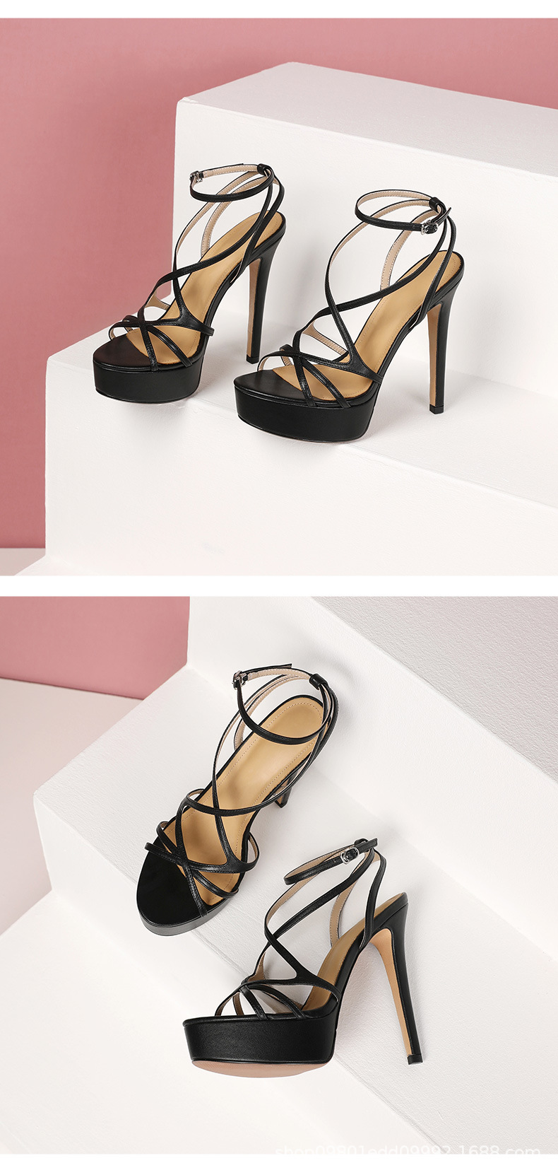 Sandal cao gót nữ quai ngang mũi hở gót 10 cm da thật phong cách Âu Mỹ — Đen (10CM) chi tiết 8