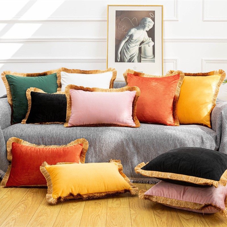 Solid Color Dutch Velvet Gold Tassel Edge Decorative Sofa Cushion Cover Home Model Room Decoration Candy Color Pillow