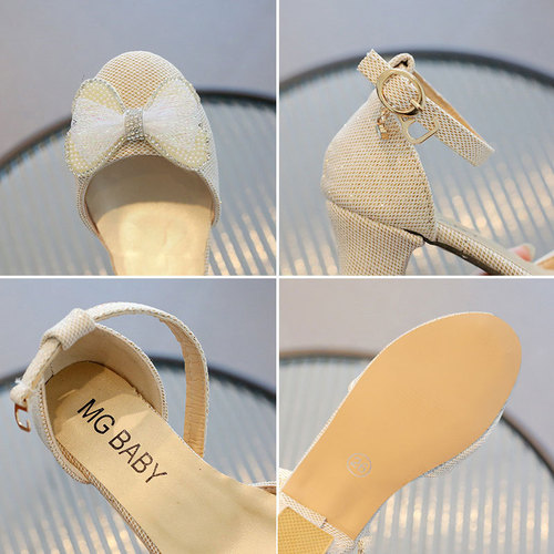 Girls' rhinestone leather shoes  spring and autumn student pearl bow performance single shoes small and medium-sized princess shoes children's shoes