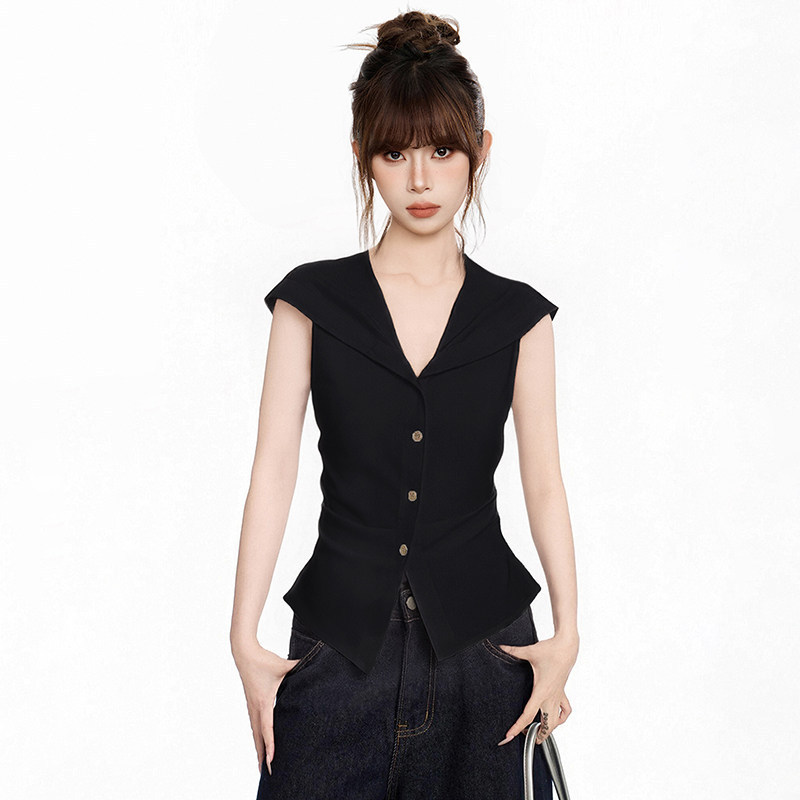 Old Money Style Black Sailor Collar Sleeveless Shirt for Women, Summer High-End Slim-Fit Waist-Cinching Blouse Tank Top Old Money Style Black Sailor Collar Sleeveless Shirt for Women, Summer High-End Slim-Fit Waist-Cinching Blouse Tank Top