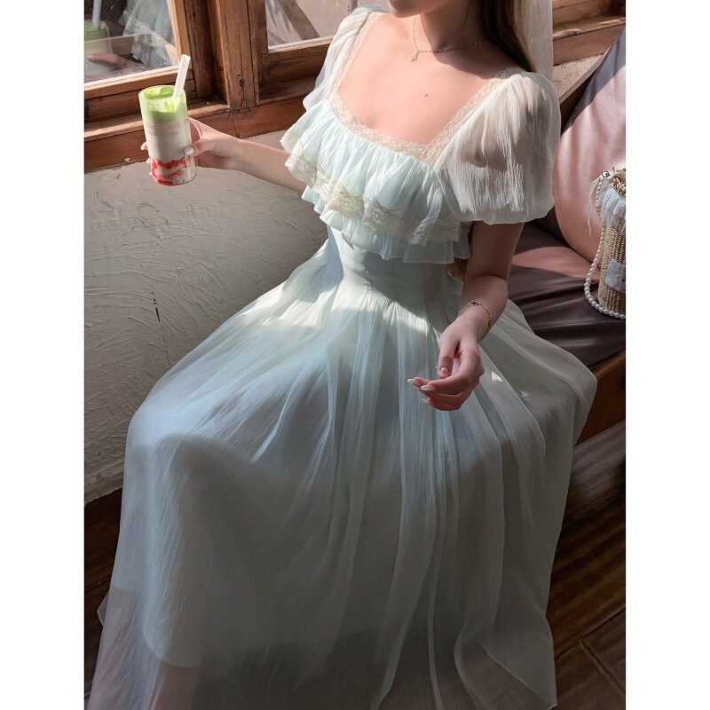 【Mint Lime】French-style fresh and youthful square-neck long dress, high-waisted A-line dress, fresh and simple for summer 【Mint Lime】French-style fresh and youthful square-neck long dress, high-waisted A-line dress, fresh and simple for summer