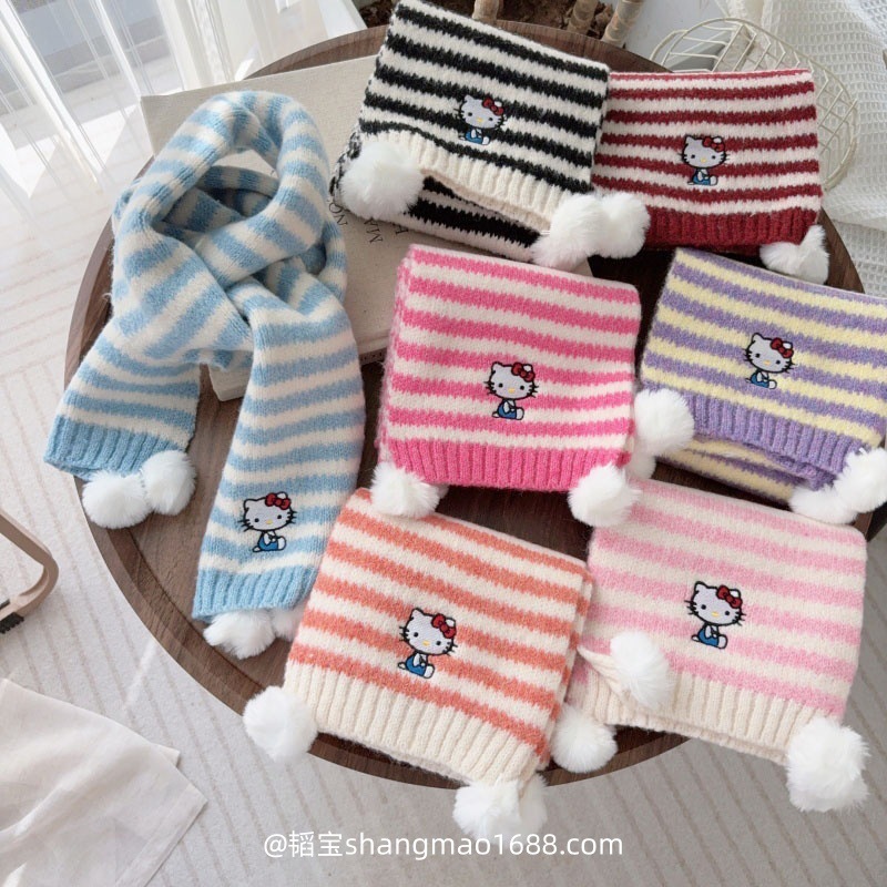2025 New Cartoon Children's Striped Scarf Soft Fluffy Pom-Pom Girls' Woolen Neck Warmer Windproof Thickened Warm Versatile
