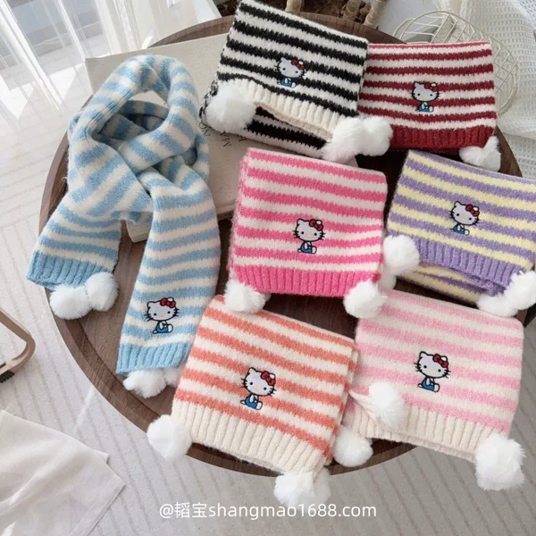 2025 New Cartoon Children's Striped Scarf Soft Fluffy Pom-Pom Girls' Woolen Neck Warmer Windproof Thickened Warm Versatile
