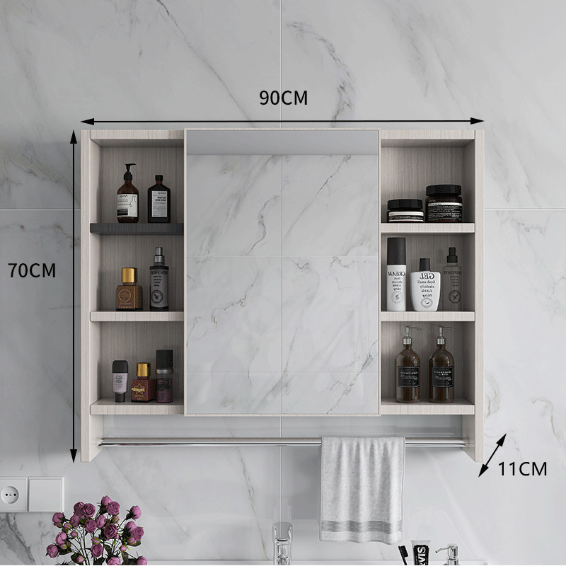 Armario de espejo de baño de lujo ligero simple con estante de almacenamiento espejo de baño caja de espejo de baño almacenamiento montado en la pared de fibra de carbono