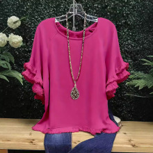 大码流苏荷叶袖圆领印花拼色女士宽松T恤