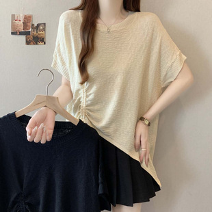 2025 Summer Casual Drawstring Small Design Easiest for Match Ice Silk Knitwear Women's Large Size Loose Breathable Top