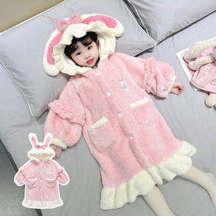 Girl's Flannel Nightgown Autumn and Winter Korean Style Girl's Rabbit Hooded Home Clothes Coral Fleece Bathrobe
