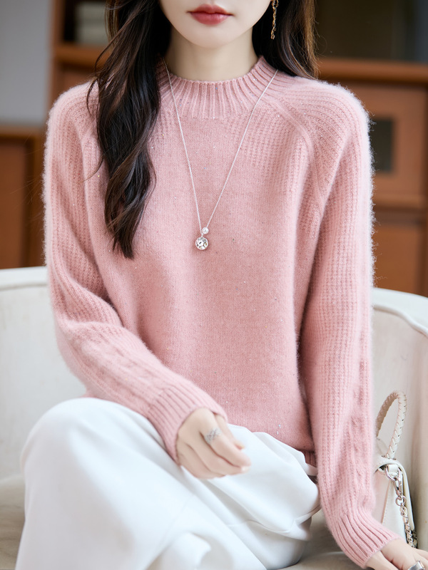 Autumn and Winter New Thickened Sequin Half-High Collar 100% Wool Knitted Twisted Pullover Loose Warm Base Women's Sweater Autumn and Winter New Thickened Sequin Half-High Collar 100% Wool Knitted Twisted Pullover Loose Warm Base Women's Sweater