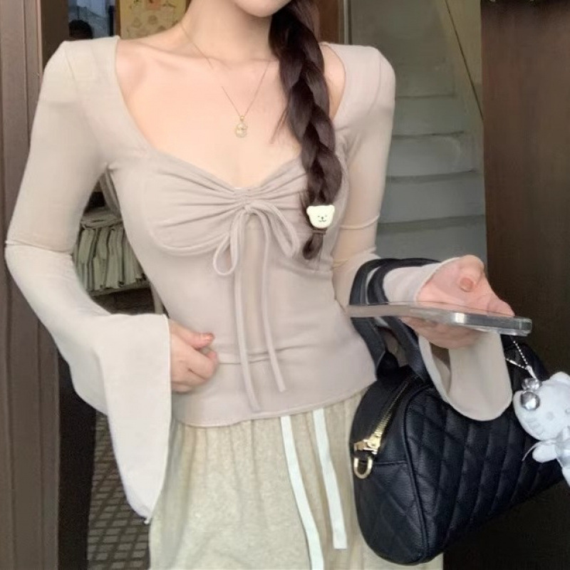 純粋な欲望スタイル巾着レースアップスクエアカラー長袖シャツ女性のための初春の新しいスタイルのスリムフィットへそ出しホットガールトップ|undefined