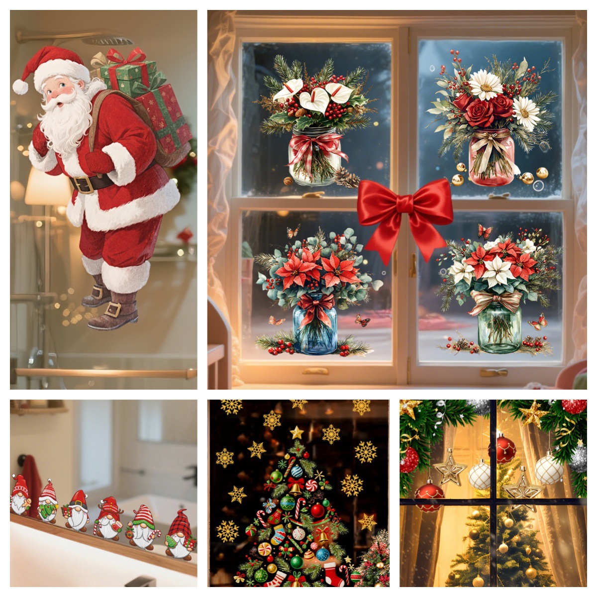 圣诞树圣诞老人红色花卉节日门窗装饰贴纸可移动PVC静电透明膜