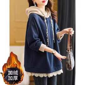 跨境 2024冬季新款韩版加绒加厚连帽拼色卫衣外套女胖mm上衣200斤