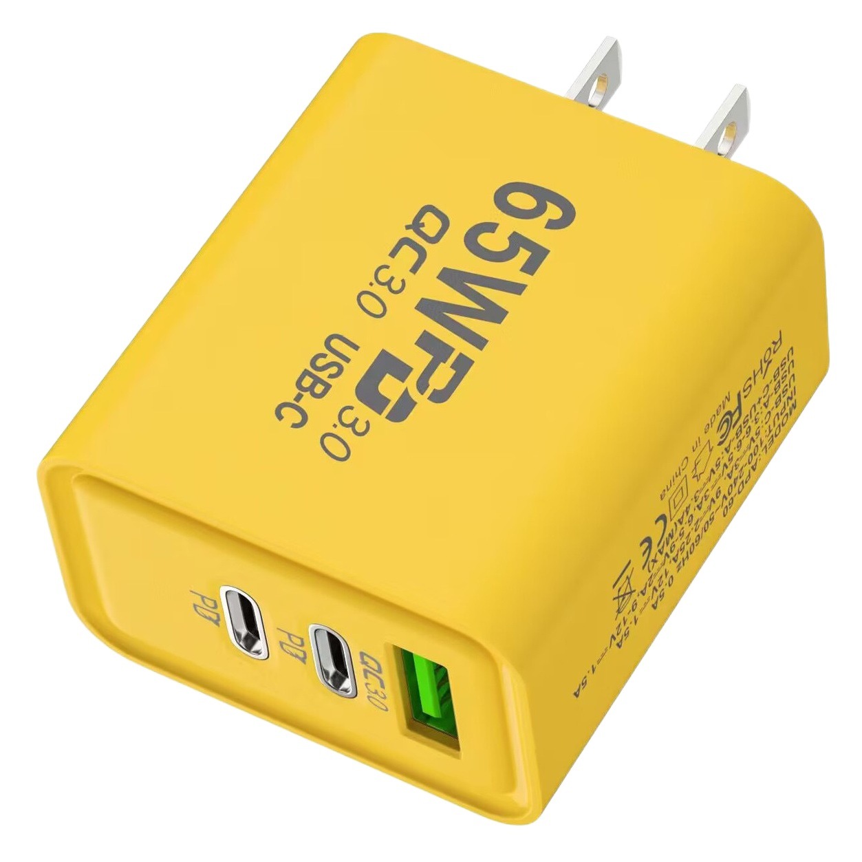 Cargador de carga rápida para teléfono móvil de 65W, doble tipo C + USB único, multipuerto PD, carga rápida, estándar de EE. UU., estándar europeo, cabezal de carga estándar británico