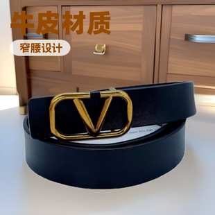 Retro cowhide V family 3.0 women's thin belt shaking sound Net red supply wholesale clothing with bronze smooth buckle
