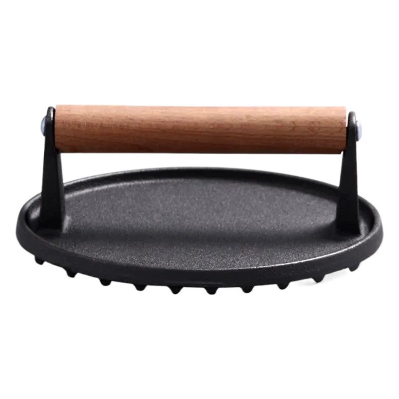 Чугунная кастрюля чугунная круглая полоска прессование мясной доски Бук ручка стейк прессовщик барбекю кальмары без покрытия