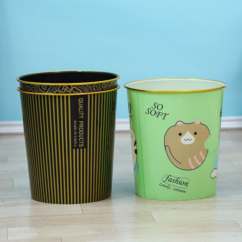Black Gold-Edged Trash Can for Living Room, Bedroom, Bathroom, Plastic Waste Bin, Office Paper Basket