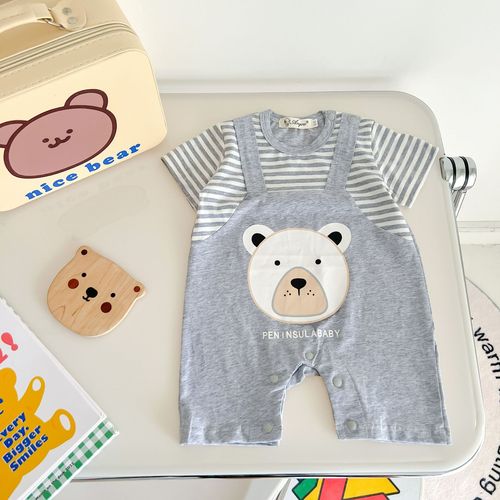 Ins Korean Version  Spring and Summer Male Infant and Toddler Climbing Suit with Pajama Style Top and Bottom, Bear Head Cartoon Climbing Suit