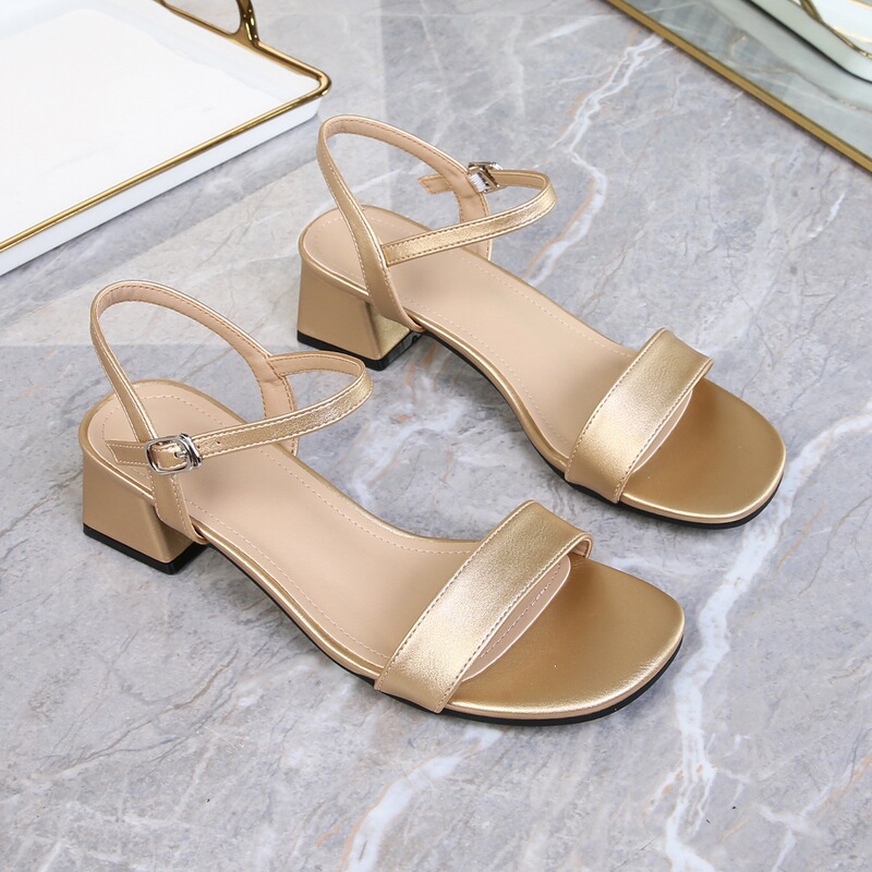 Cross-Border Simple and Elegant Sandals for Women, Large Size Women's Shoes, Chunky Heel, Single Strap, High Heel, Versatile Mid-Heel Women's Shoes