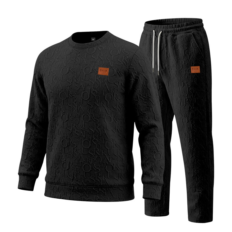 Men's Heavyweight Texture Letter Print Hoodie And Sweatpants Set, High Street Casual Loungewear For Street Style_viptrois.com