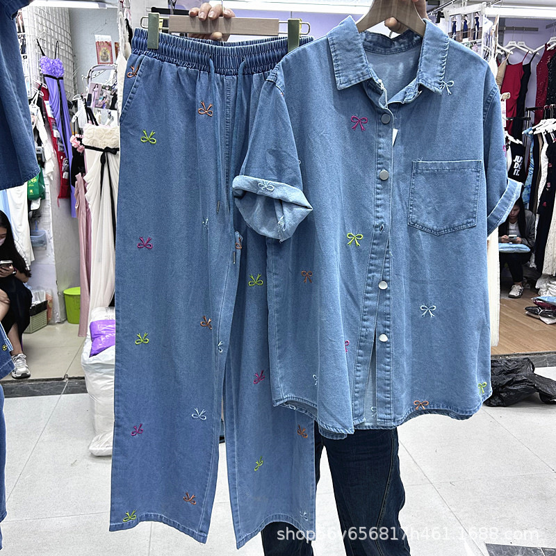 Foreign Trade European and American Style Embroidered Bow Loose Short-Sleeve Denim Shirt Top + Elastic Waist Wide-Leg Long Pants Set