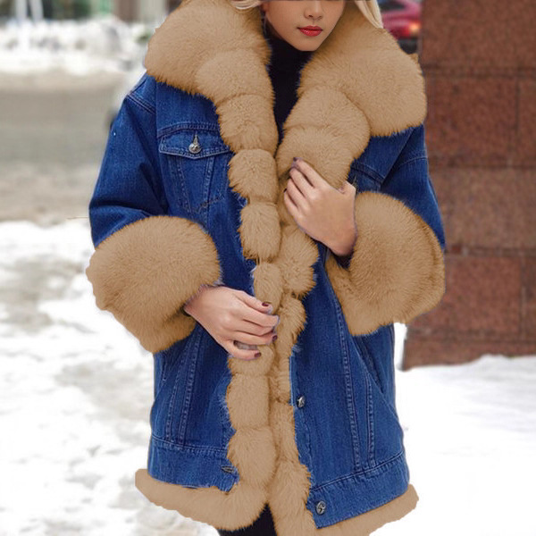 Lazada's Popular Amazon Wish's Popular Women's Fur All-In-One Denim Long-Sleeved Jacket in Large Quantities in Stock