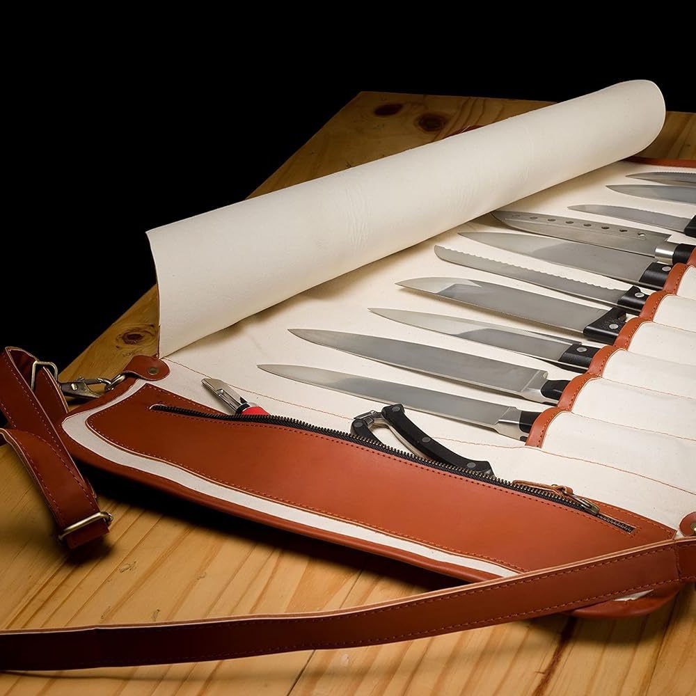 Bolsa de almacenamiento para cuchillos de chef, bolsa de herramientas portátil, bolsa enrollable para cuchillos de chef occidental, bolsa de almacenamiento para cuchillos de cocina de cuero genuino