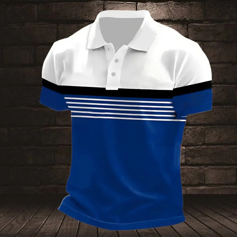 New Model Cross-Border Amazon Men's Slim Fit Polo Shirt with Ribbed Striped Collar, Buttoned Solid Color Patchwork T-Shirt Top New Model Cross-Border Amazon Men's Slim Fit Polo Shirt with Ribbed Striped Collar, Buttoned Solid Color Patchwork T-Shirt Top