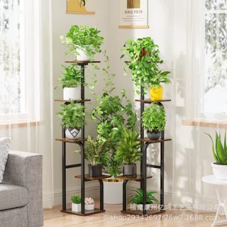 跨境铁艺五层钢木花架简易组装阳台落地植物架客厅置物架园艺花架
