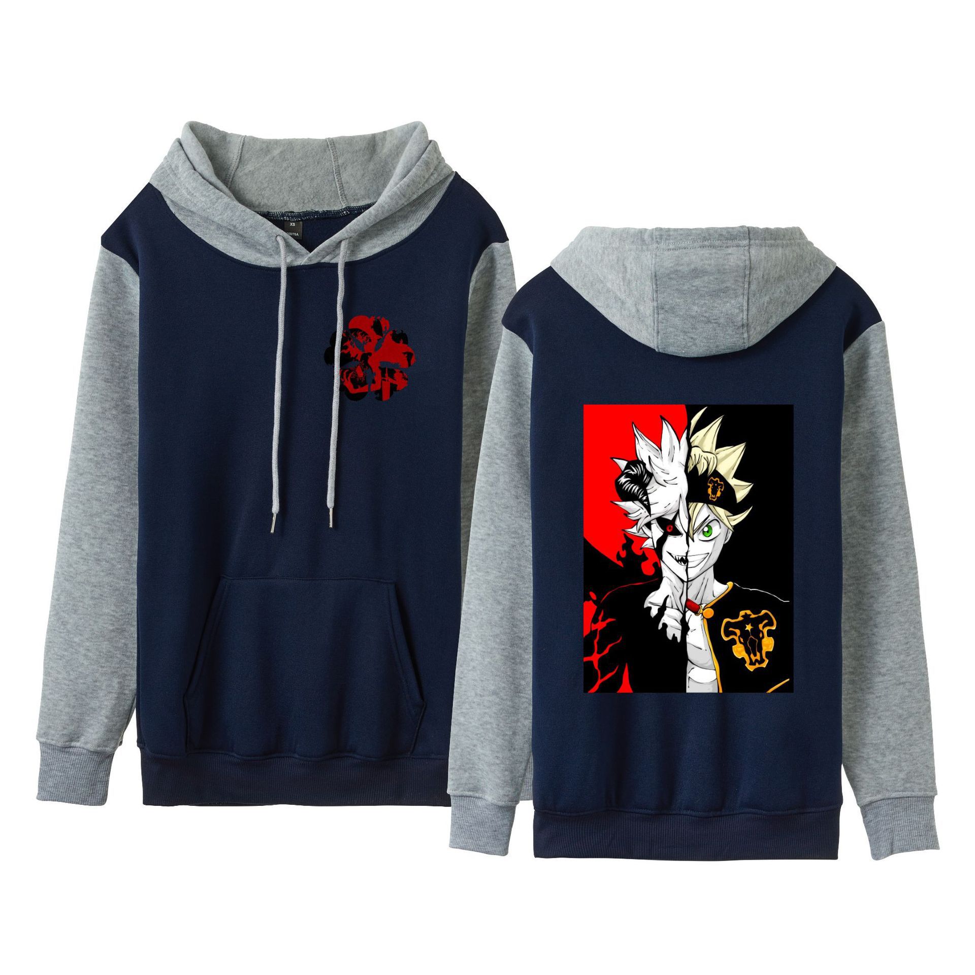 Trébol de cuatro hojas negro Black Clover suéter de pareja de talla grande para hombres y mujeres sudadera con capucha de contraste con capucha