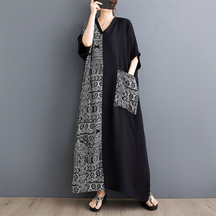 plus size dress Foreign Trade Summer V-Neck Colorblock dress plus size Loose Retro Holiday Style Long Skirt