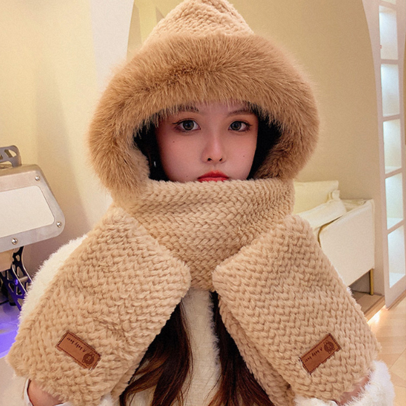 Winterwarmer Plüsch-Schal, süßer koreanischer Schal, 3-teiliges Set mit dickem Samt und Wärme, 3-in-1-Mütze_voghion.com