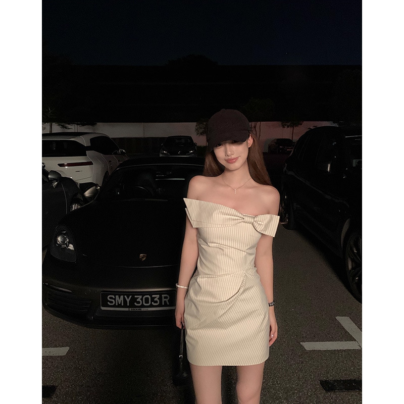 板栗可可Bankelili'月光少女'条纹高级感纯棉蝴蝶结抹胸连衣裙女