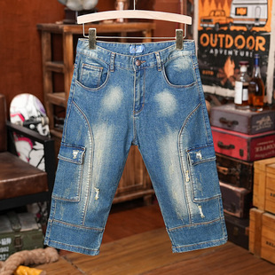 American Style Retro Cropped Shorts Men's Multi-Pocket Crane Pants Cropped Jeans Chubby plus size Trendy Mid-Pants
