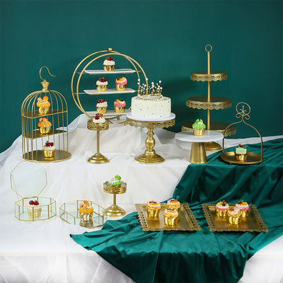 Tabla de postres de estilo europeo, estante de exhibición de bodas, banquete de bodas, estante de pastel, estante de té de la tarde, estante de golden snack set de 7 piezas