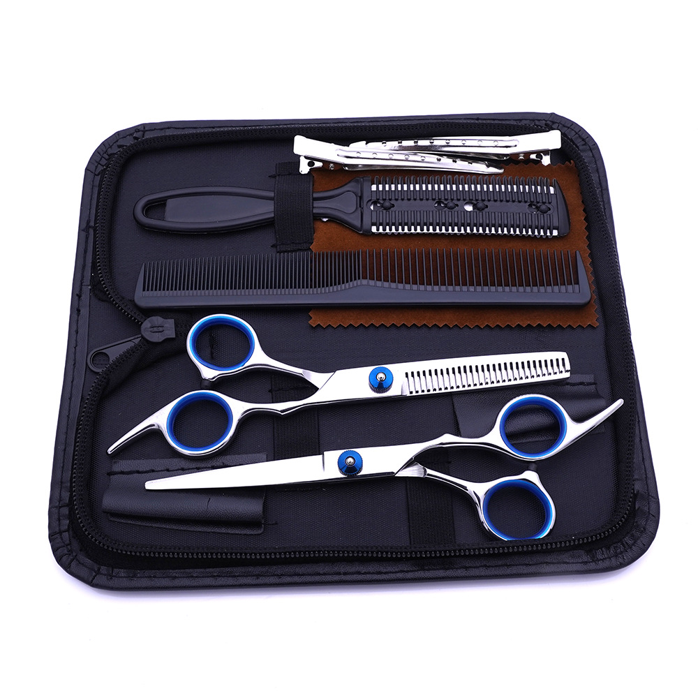 Venta directa de fábrica de tijeras de corte de pelo de acero inoxidable, tijeras para el cabello, tijeras planas profesionales, tijeras de dientes, juego de tijeras de fleja fina