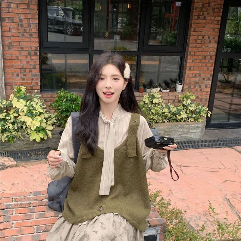 系带长袖衬衫叠穿针织马甲背心毛衣两件套女秋冬印花半身长裙套装|undefined