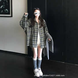 美式纯棉格子秋日叠穿复古撞色长袖衬衫百搭宽松外套休闲防晒衬衣