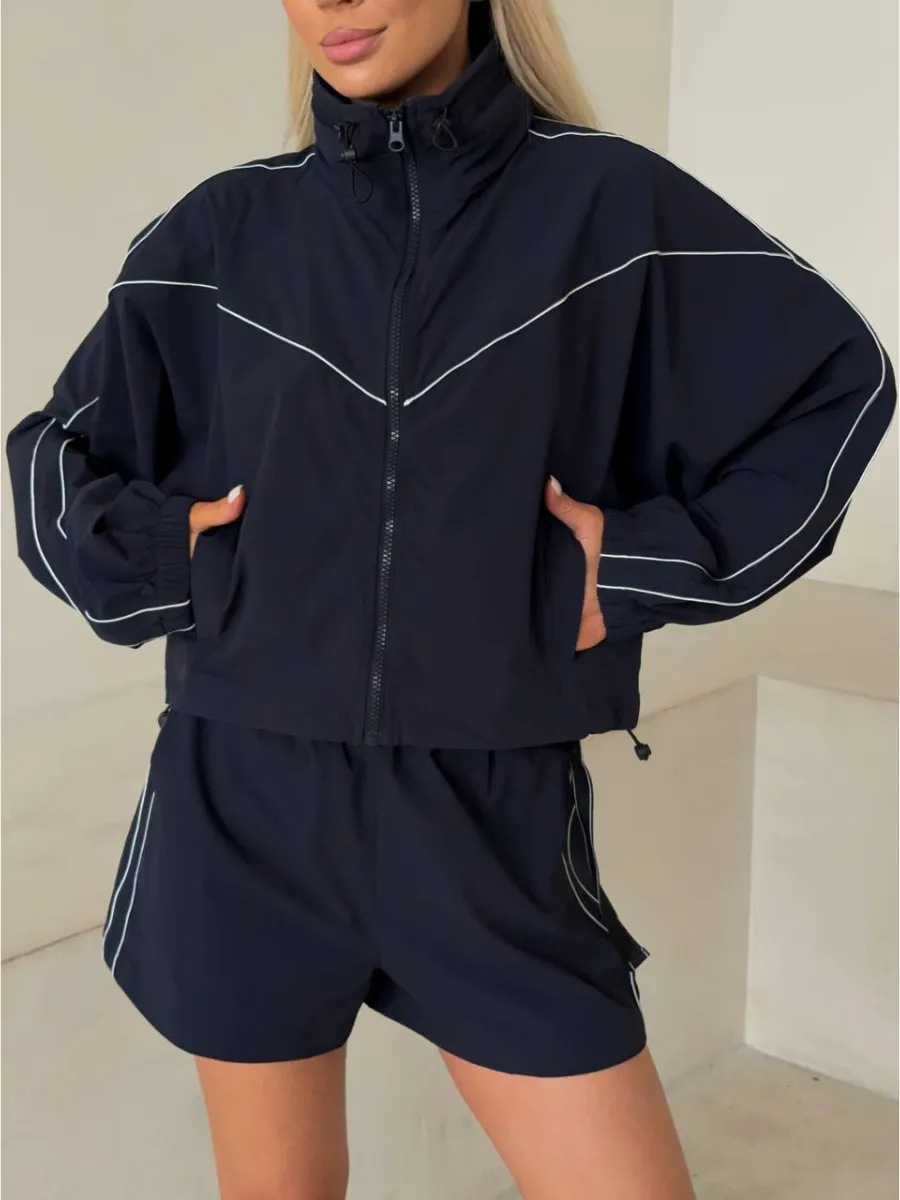 Women's Two Piece Set Solid Long Sleeve Zip Up Cardigan And Shorts_voghion.com