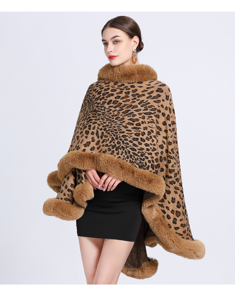 Mantella in maglia con collo in pelliccia e stampa leopardata jacquard taglia grande cappotto cardigan donna_voghion.com