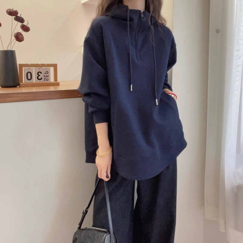 欧货连帽半拉链正肩卫衣女春季大码胖mm显瘦中长款遮屁股洋气上衣|undefined