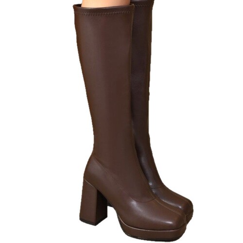 2025 new cross-border European and American thick sole thick heel thin elastic boots, high-heeled long boots, foreign trade cross-border fashion women's boots