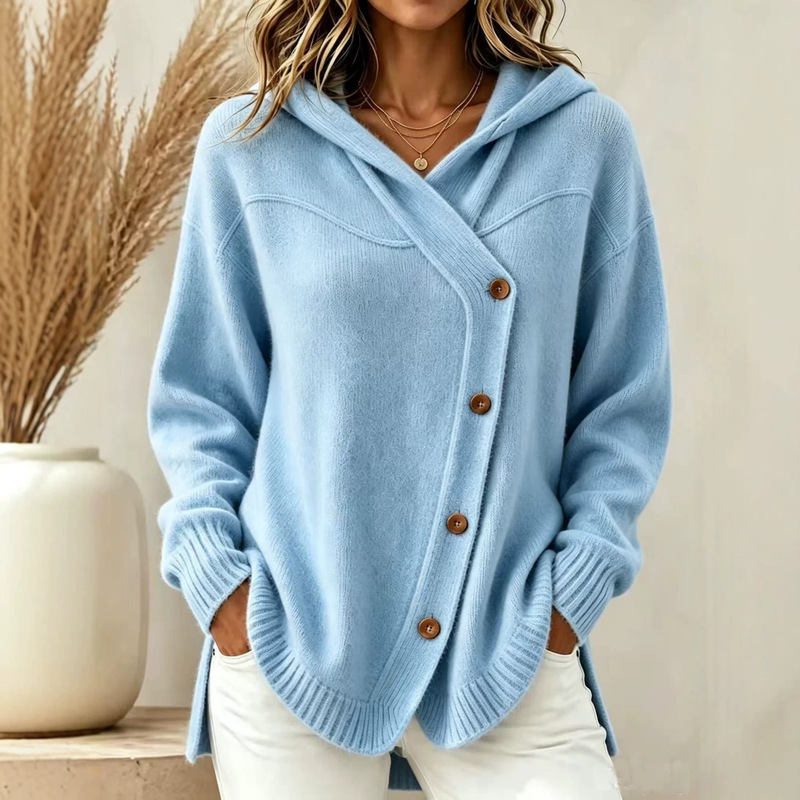 2026 European and American cross-border autumn and winter new women's sweater, casual loose-fitting buttoned long-sleeve women's hooded knitted cardigan
