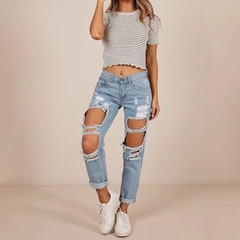 クロスボーダーヨーロッパとアメリカのAmazon Wishファッションリップドストレートジーンズ女性用